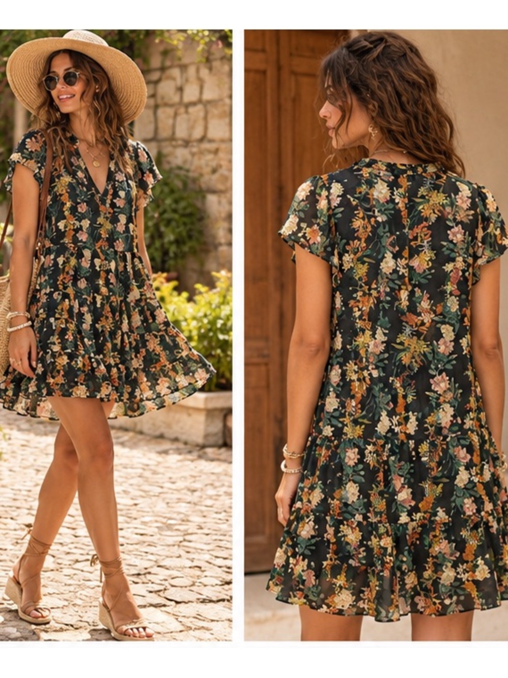 Anthropologie Navy Modal Romantic Vacation Boho Floral V-Neck Mini Dress Large